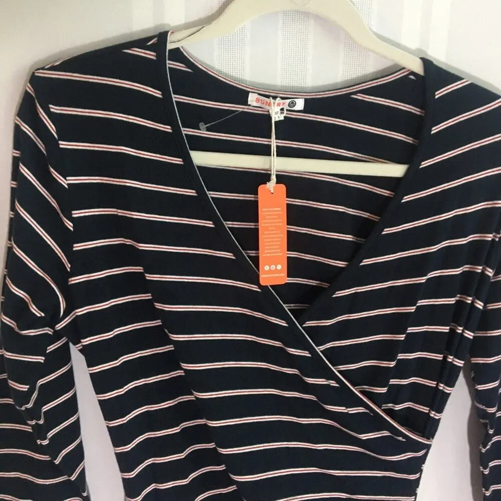 Anthropologie  Fabian Striped Faux Wrap Jersey Mini Dress Blue Small Party - Image 3