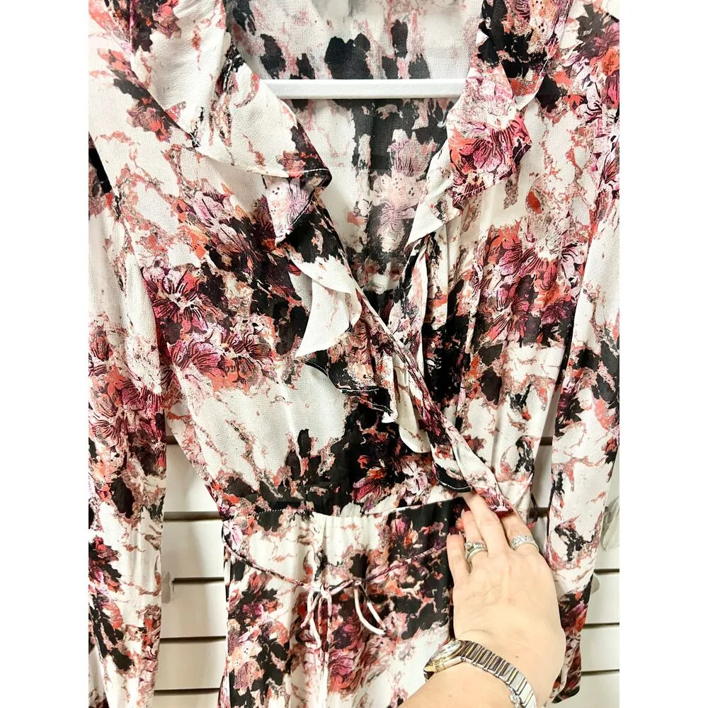 IRO Garden Floral Ruffle Surplice Neck Midi Wrap Dress Red/White Women 38 / US 6 - Image 7