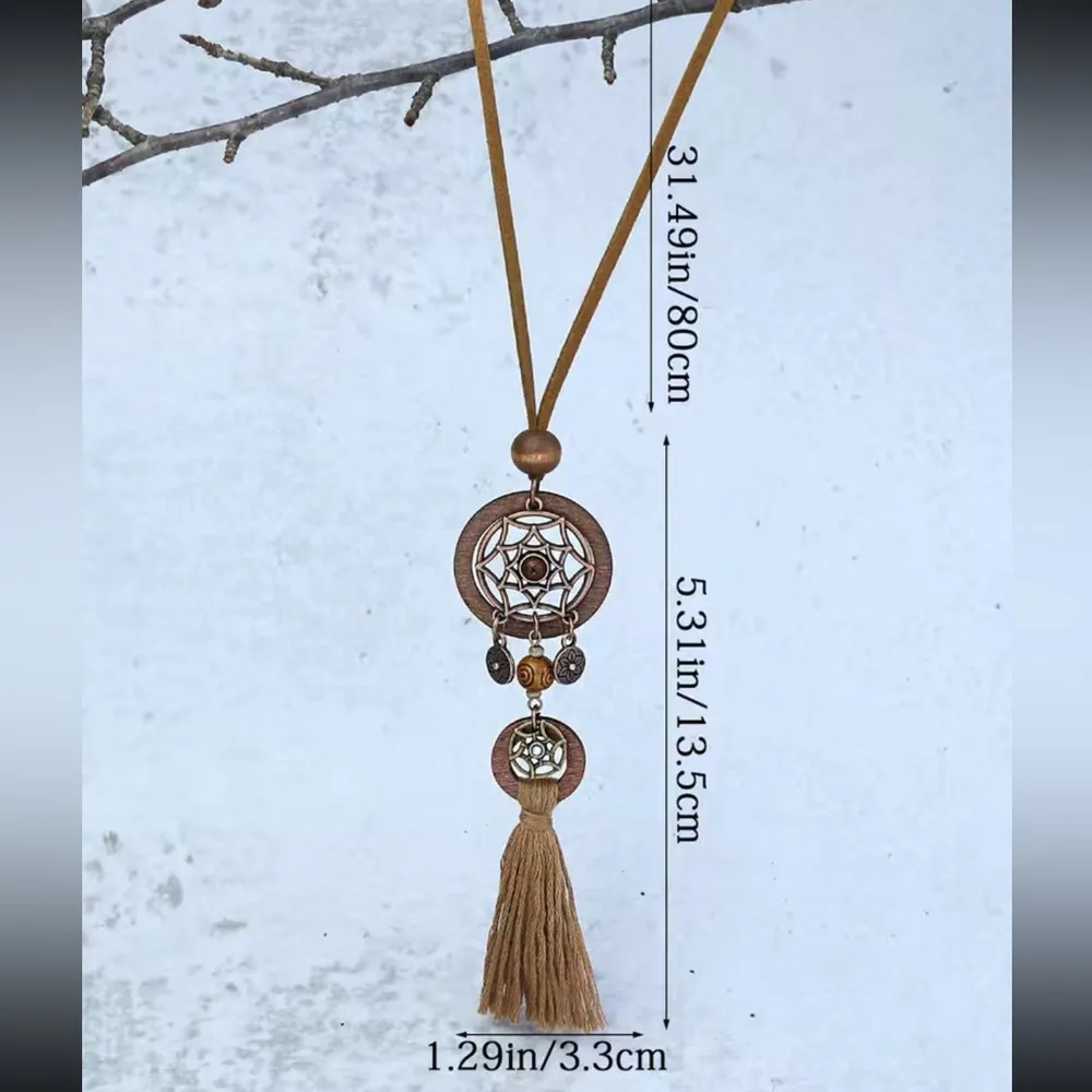 Boho Ladies 1 Pendant‎ Wooden Cut Out Necklace Round Hollow Set White Flower Tan - Image 3