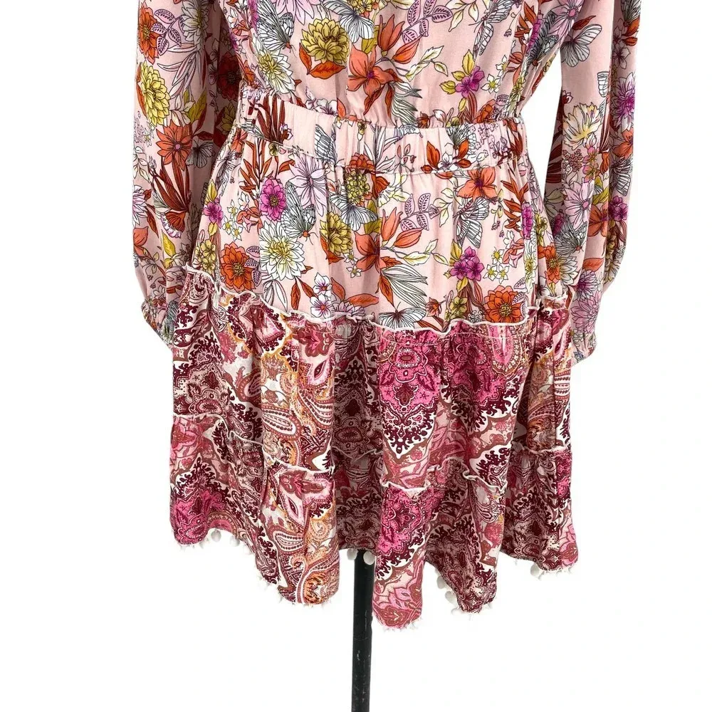 Celina Moon Pom Pom Trim Mini Dress Pink‎ Floral Paisley Print Size Medium Pink - Image 4