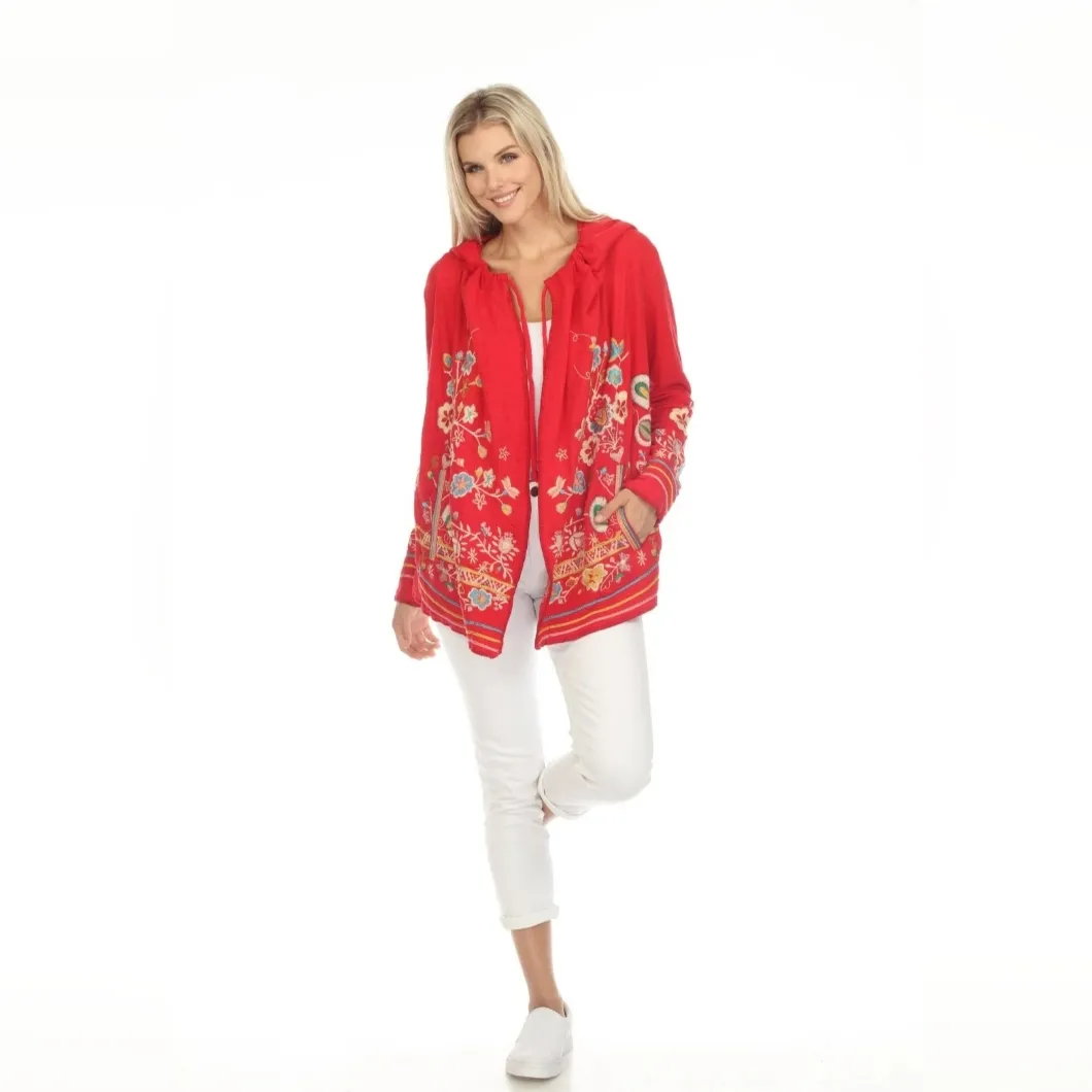 Johnny Was Jemima Hoodie in red with colorful floral embroidery Size S - Image 2
