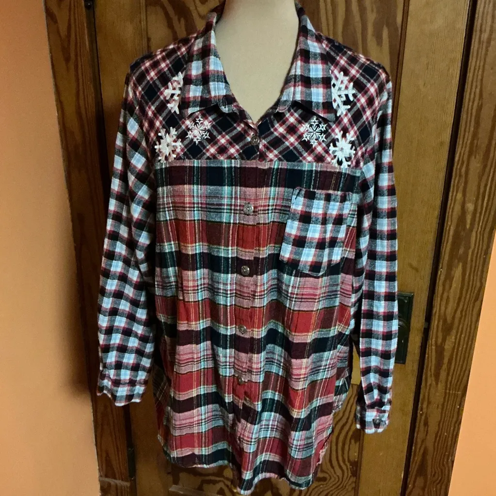 Women’s Patchwork Plaid Flannel Shirt Button Up Boho Top Red Size 3X - Image 6
