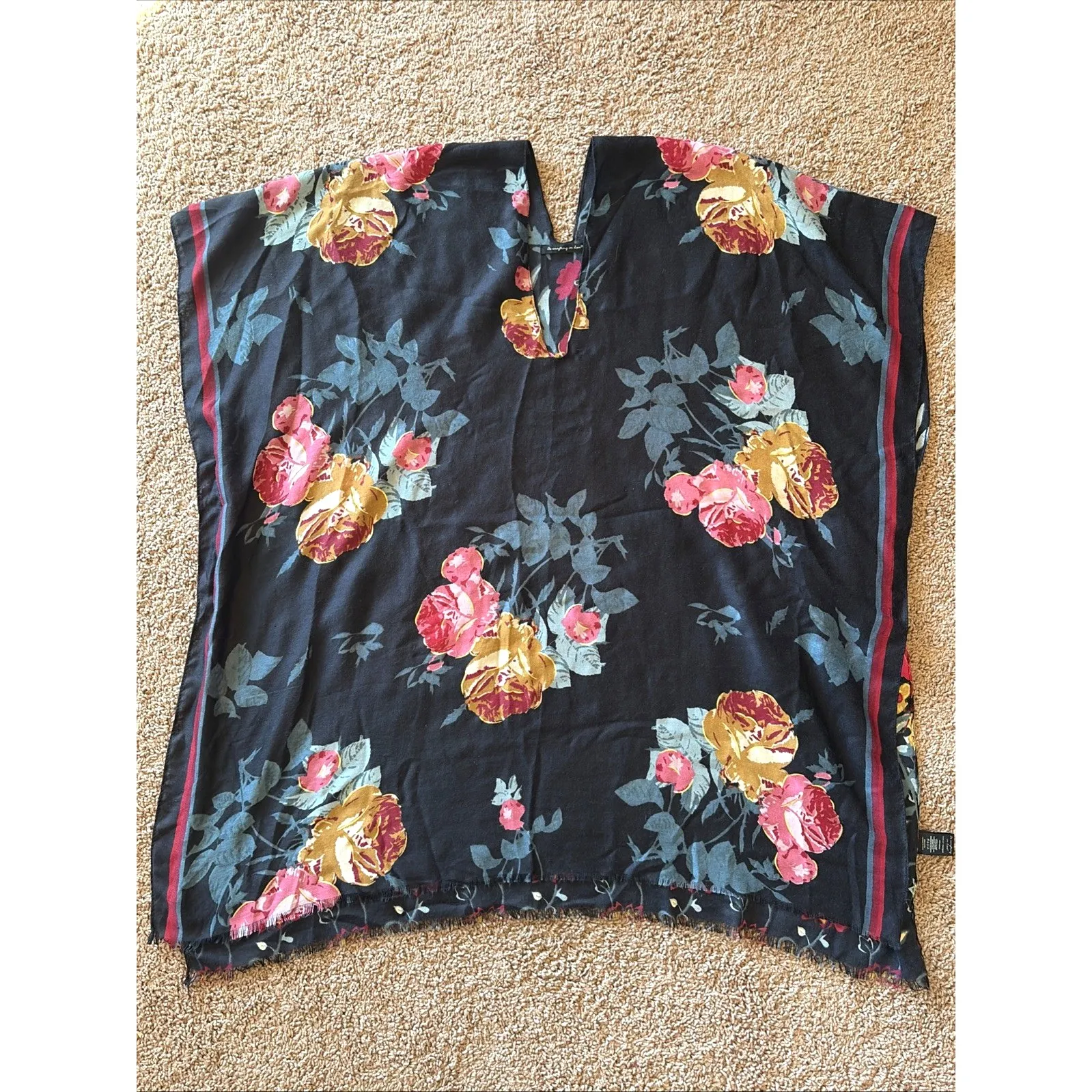 Do Everything in Love Floral Flower Metallic Gold Fringe Hem Oversized Poncho OS - Image 9