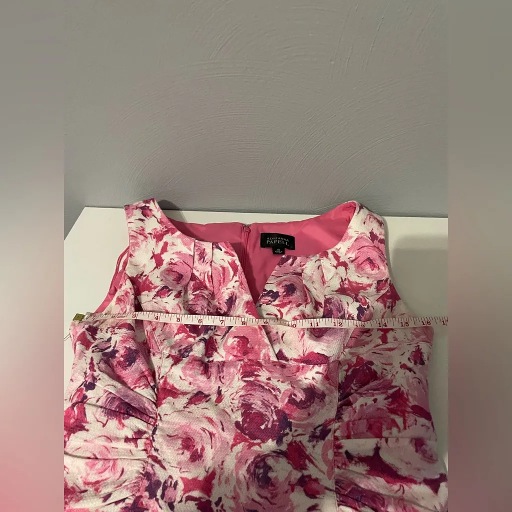 Adrianna Papell Pink Rose Floral Sheath Dress Sleeveless V-Neck Pleated - Image 6