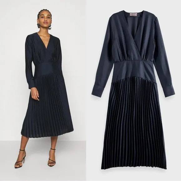 Scotch & Soda • Pleated V-Neck Midi Dress navy blue surplice wrap long sleeve - Image 2