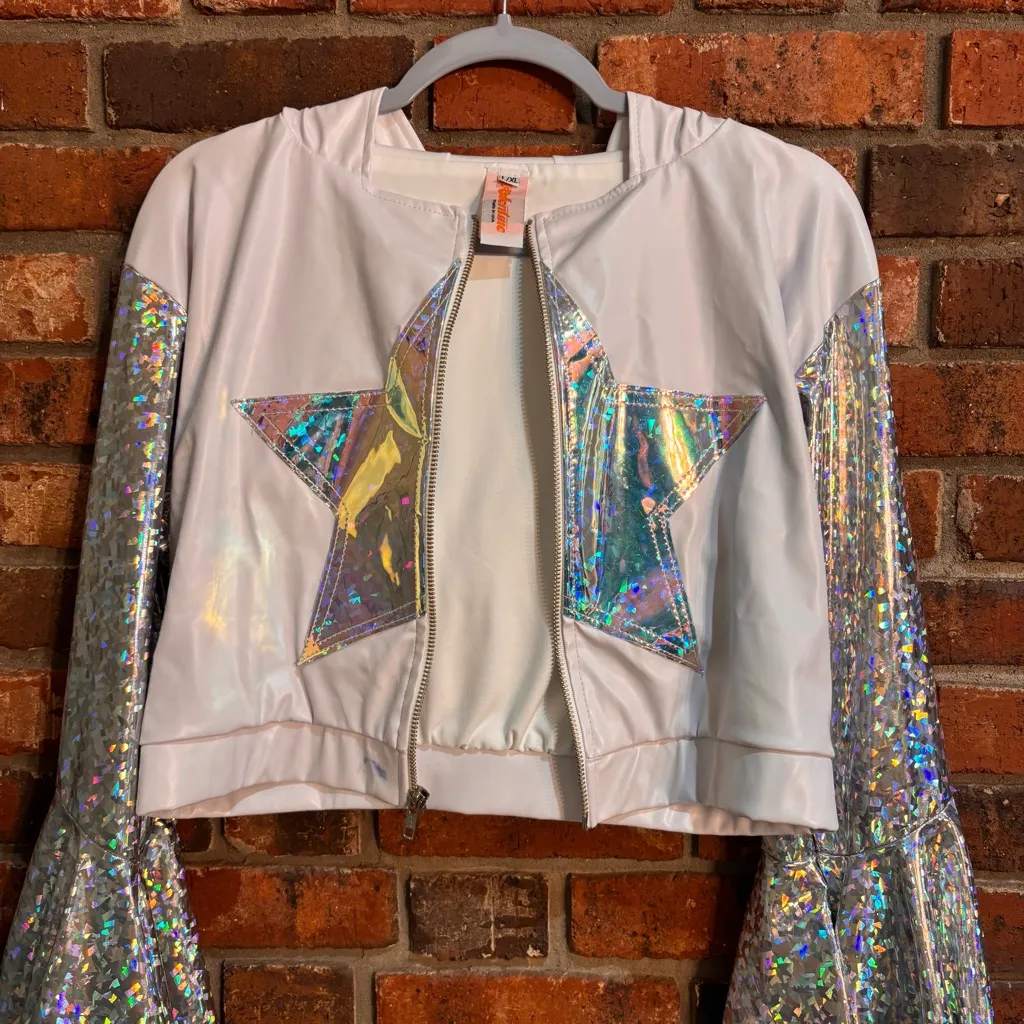 J Valentine women’s holographic bell sleeve star hooded jacket white/silver L/XL White Size L - Image 5