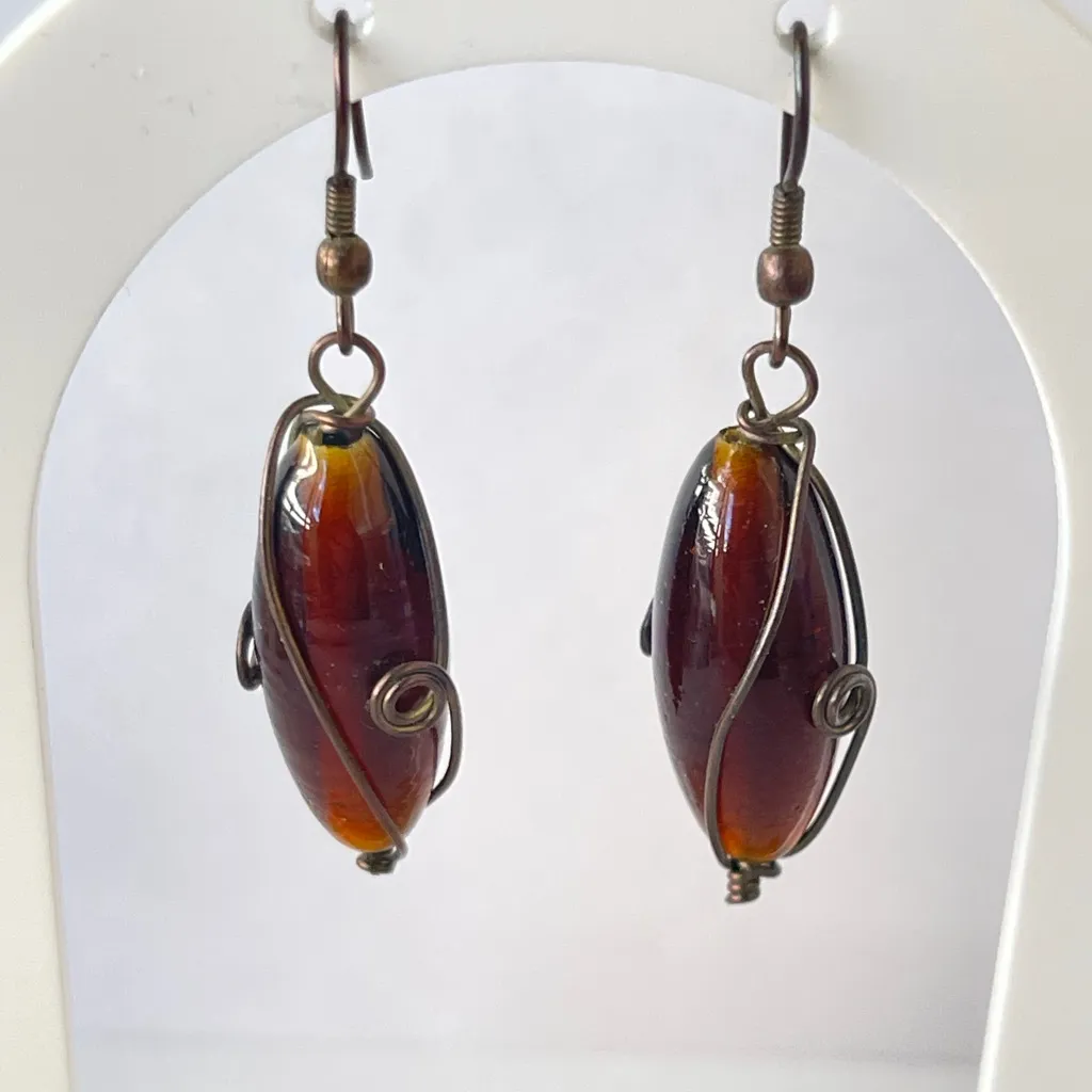 Boho Amber Color Wire Wrapped Earrings Brown - Image 2