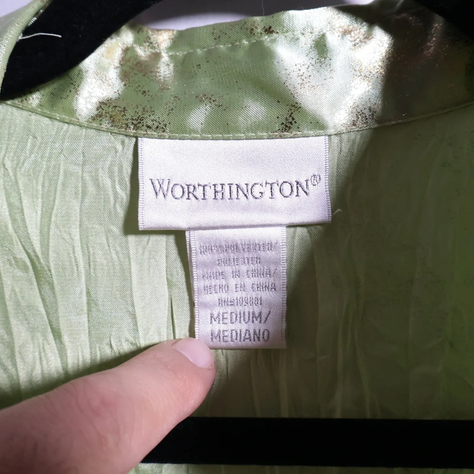 VTG Worthington Green Gold Satin Button Up Blouse Crinkle Fairy Grunge Y2K M - Image 3