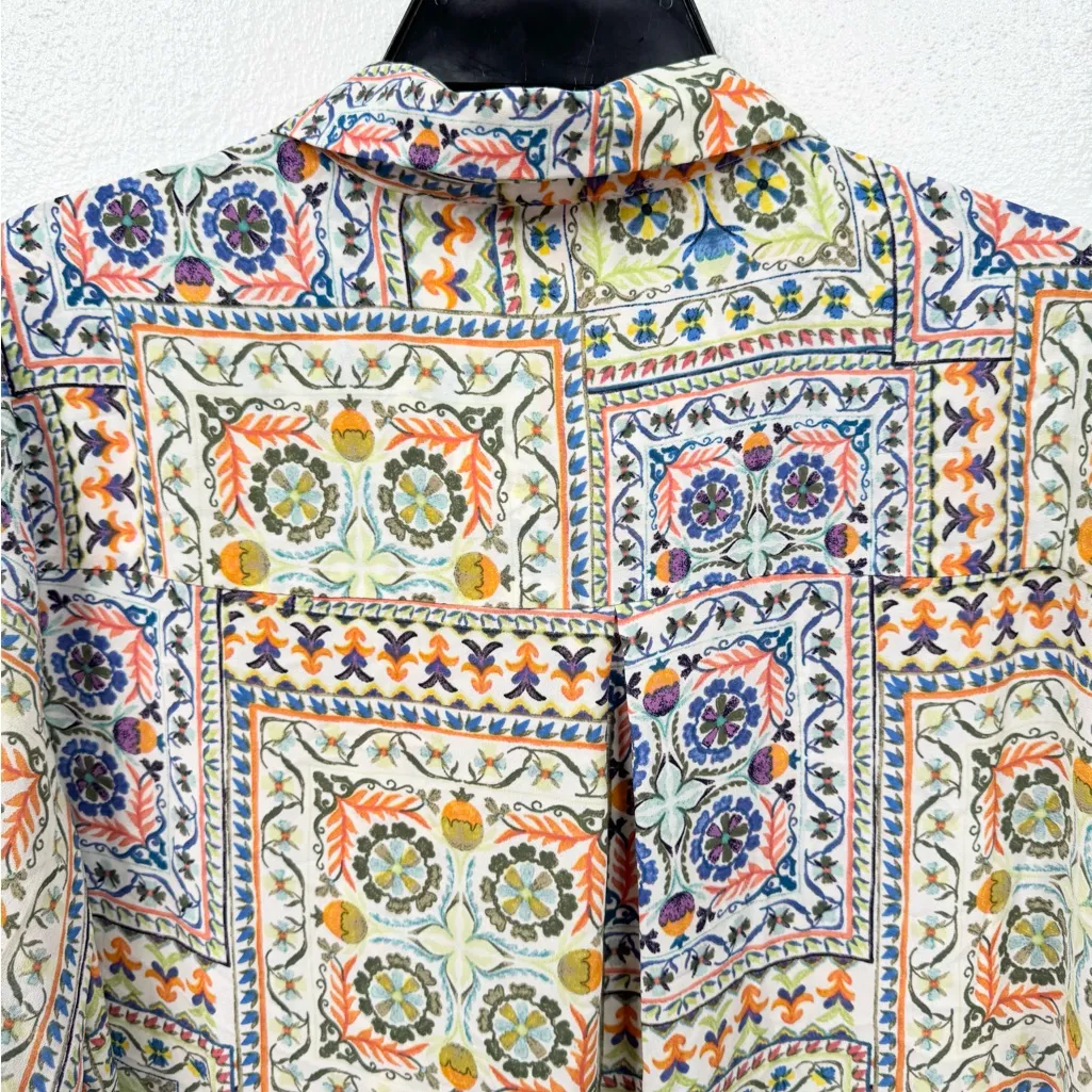 Rose + Olive Blouse Womens XL Multicolor Italian Tile Mosaic Button Front - Image 5