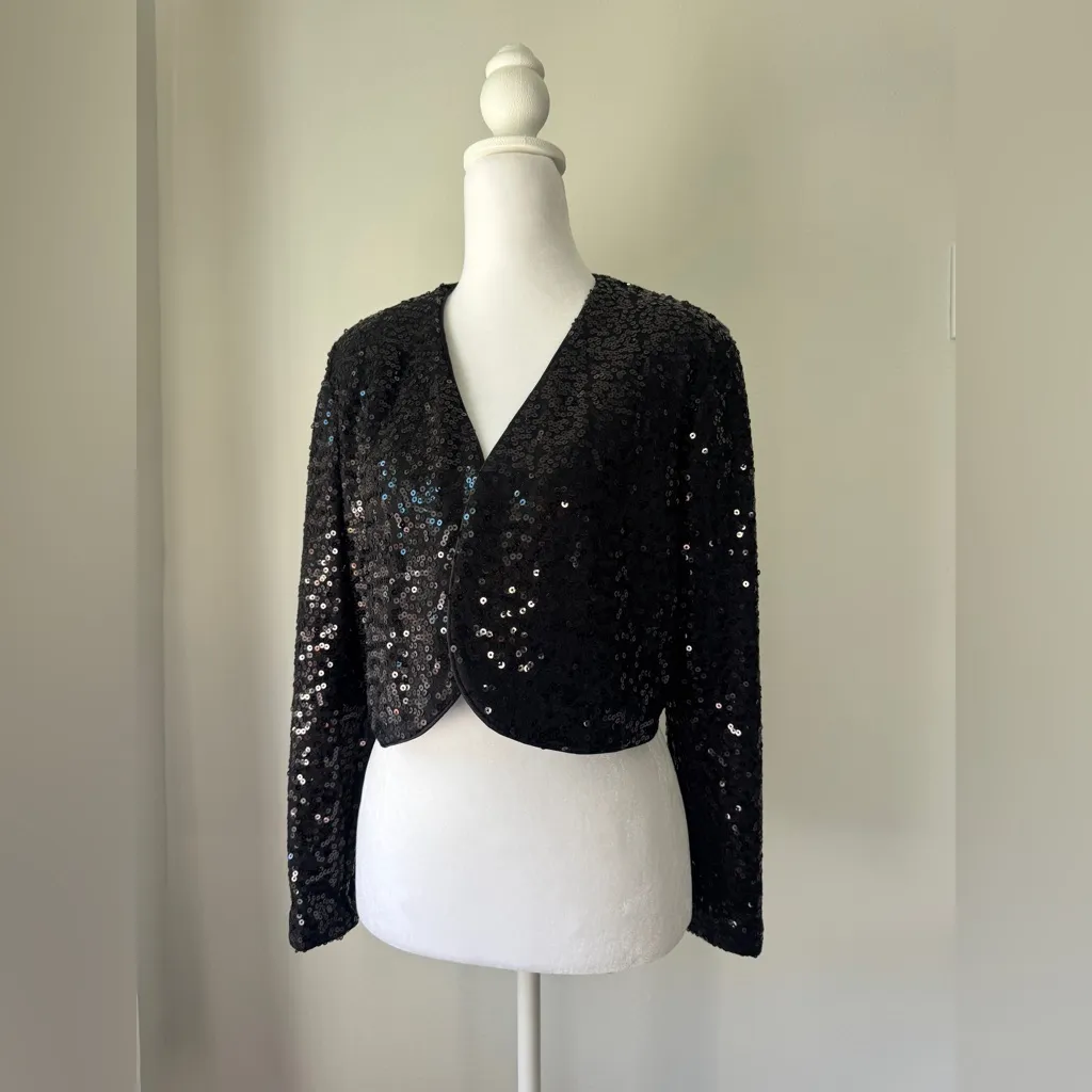 R&M Collection Black Sequined Cropped Open Front Jacket Size XL - Image 2