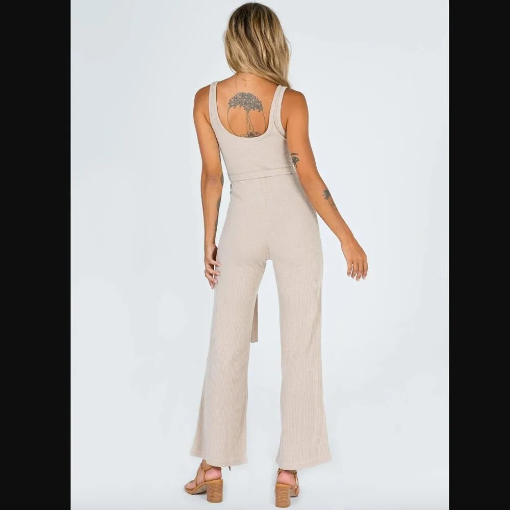 Callie Beige Ribbed Belted Flare Leg Jumpsuit 2 - Image 7