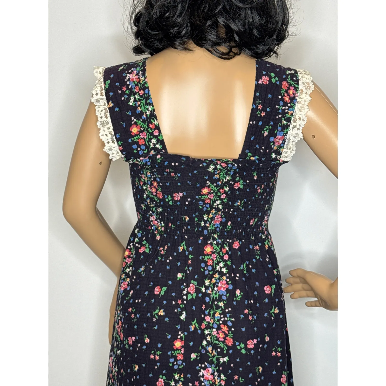 Vintage 70s The Fig Leaf Floral Smocked Cottagecore Prairie Midi Cotton Dress XS - Image 9