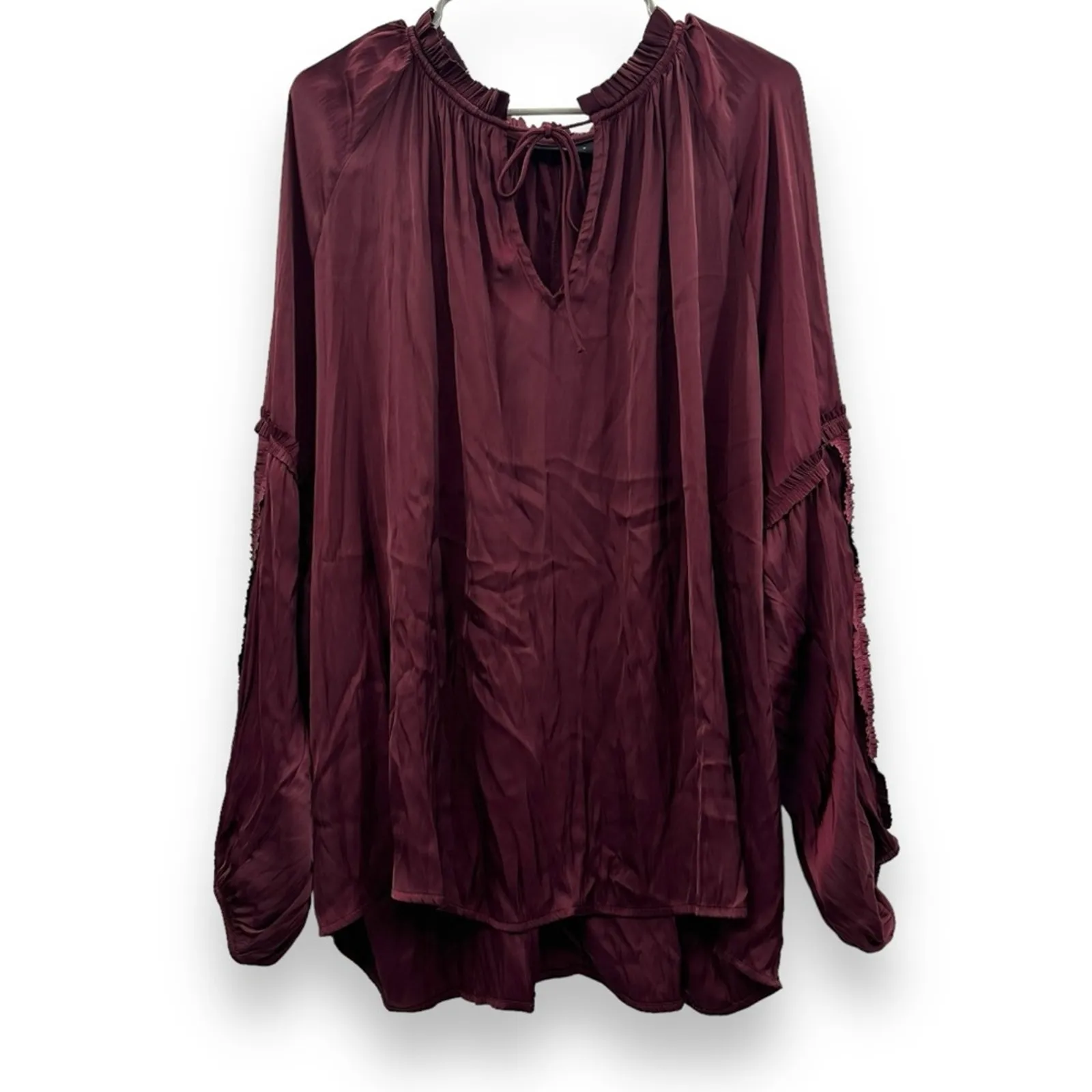 Lane‎ Bryant Maroon Dark Red Long Sleeve Ruffle Split Neck Top Sz 26/28 - Image 2