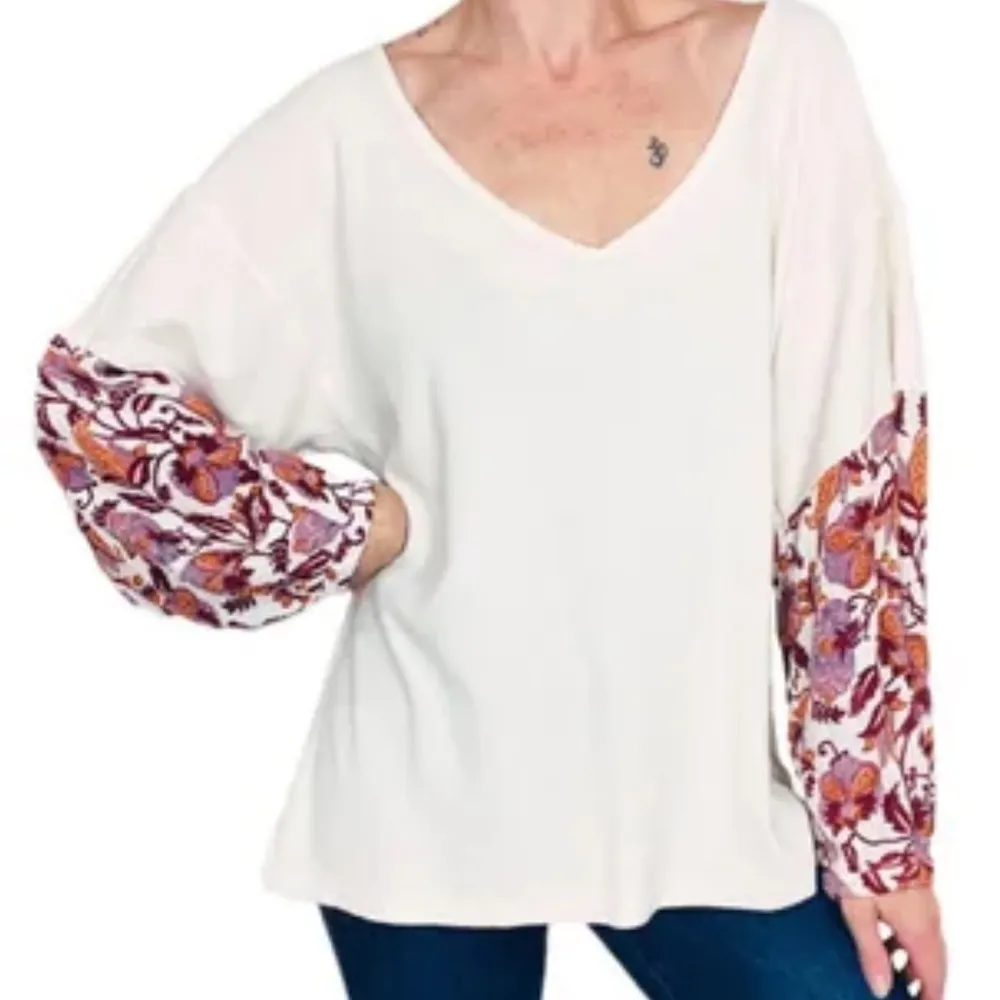 Anthropologie Annette Top Ivory Paisley Long Sleeve Waffle Knit Oversized Sz Med - Image 2