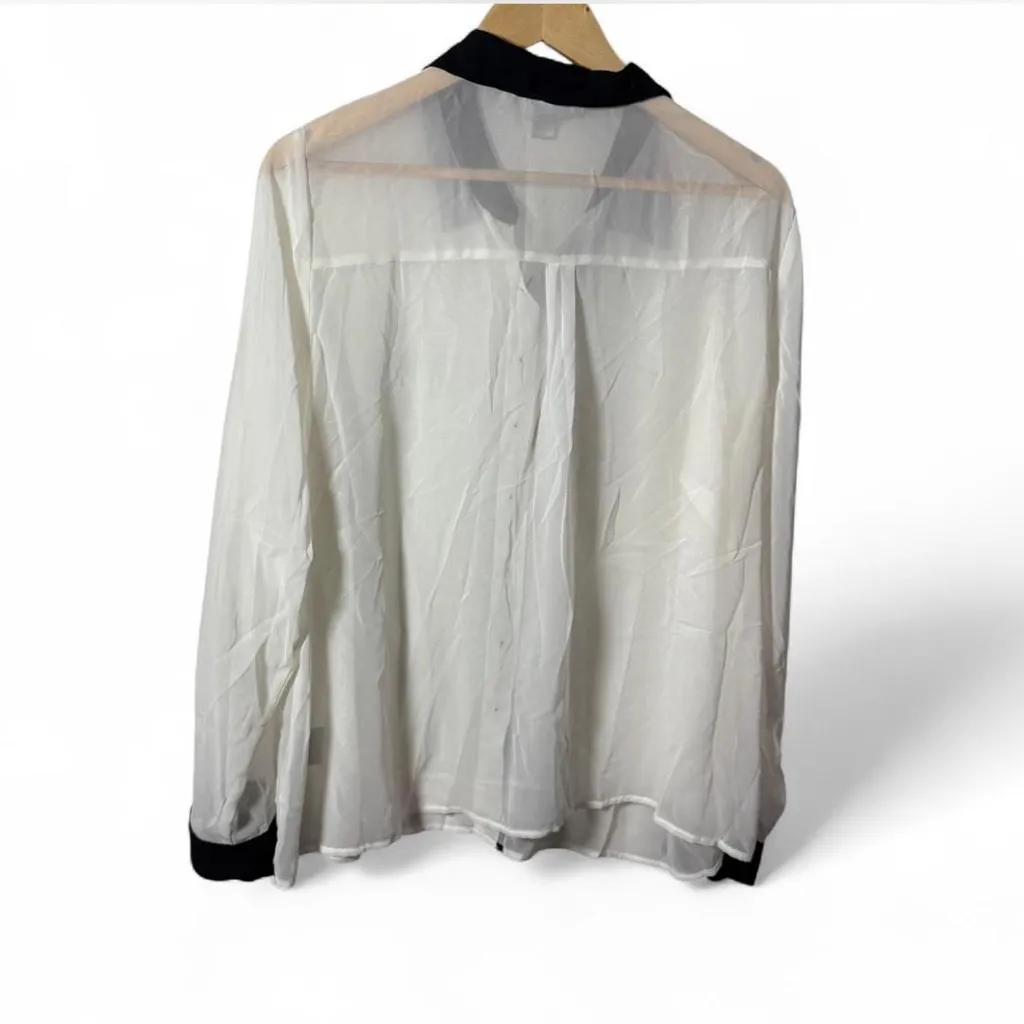 Worthington Sheer Blouse 1X White Black Button Down Long Sleeve Career Top - Image 5