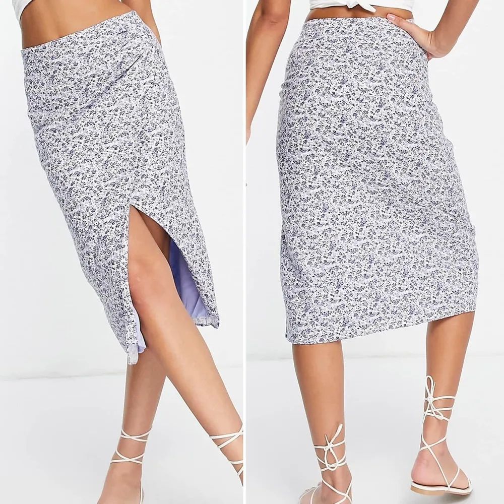 Abercrombie & Fitch Side Slit Midi Skirt Blue Floral Linen Blend Size Small - Image 4