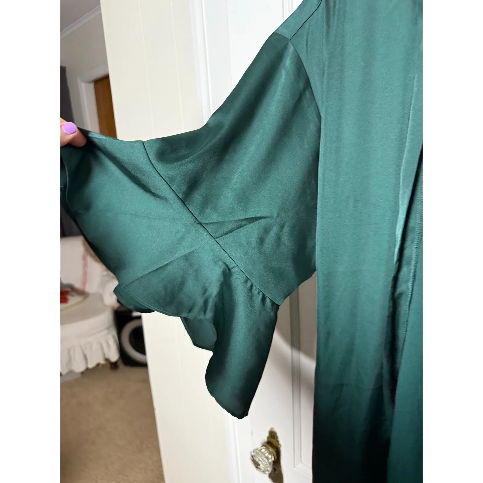 Birdy Grey Emerald Green Kenny Satin Ruffle Tie Short Robe Women's M/L NEW - Image 3