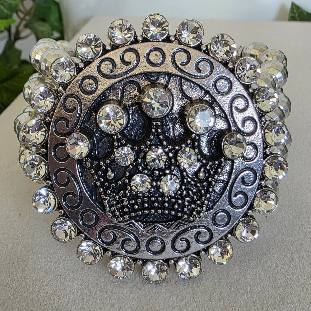 Statement Silver Stretch Bracelet with Crown and Rhinestones - Image 3