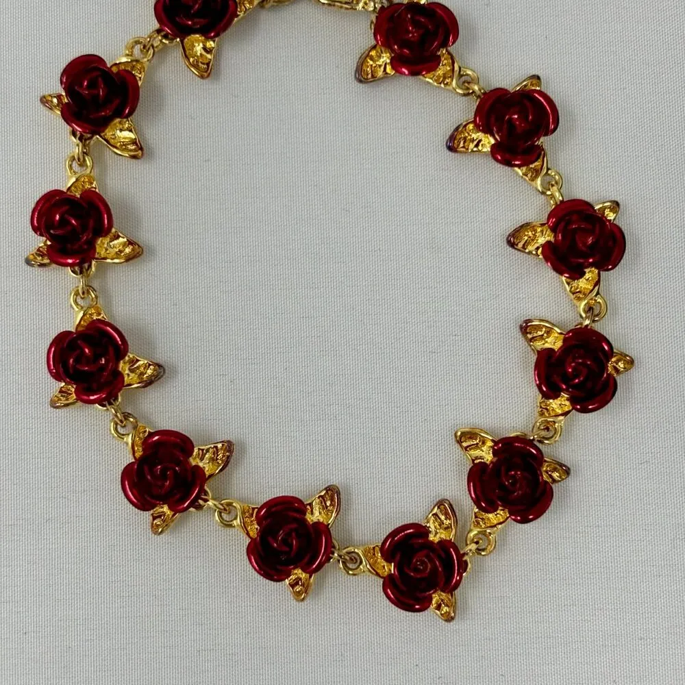 Danbury Mint Dozen Roses Drop Heart Necklace & Dozen Roses Bracelet Set 24k Red - Image 8