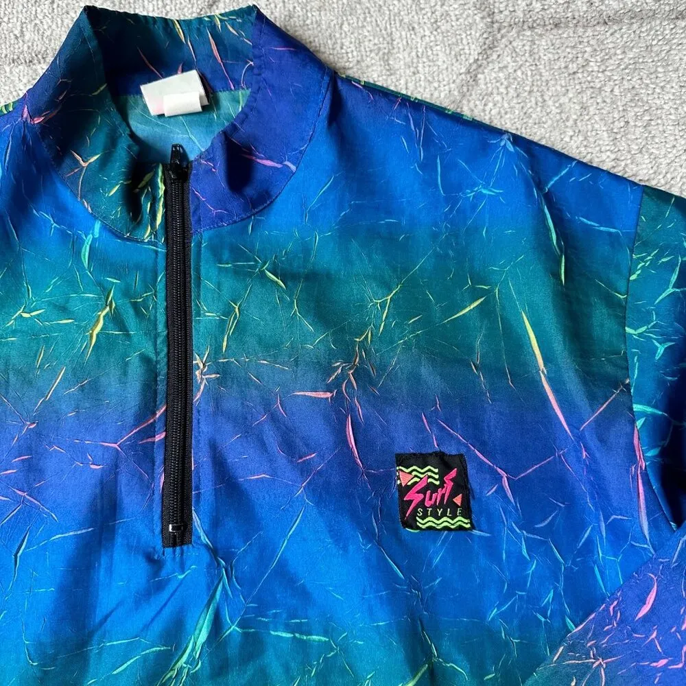 Vintage Unisex Surf Style Blue & Multicolored Neon Windbreaker OS - Image 3