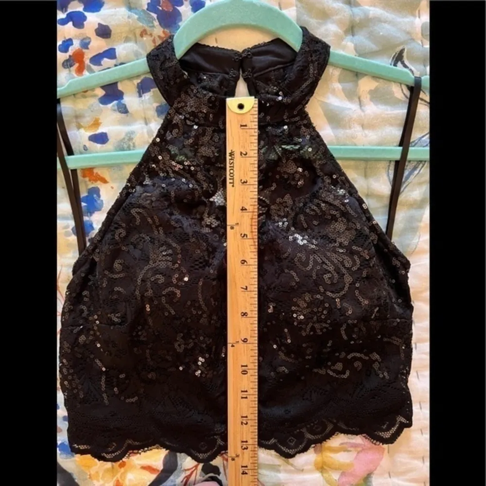 CITY STUDIO 3 Lace Sequin Halter Crop Top Tank Black Size undefined - Image 3