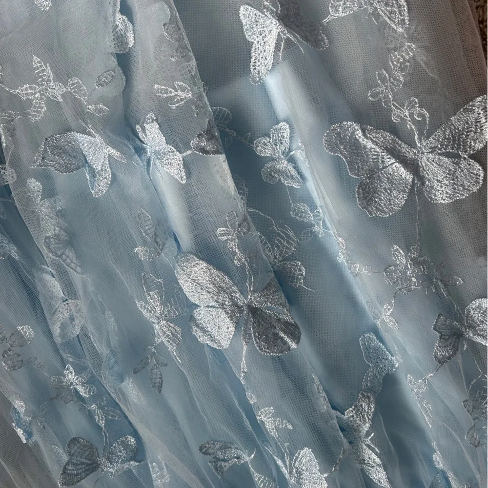3D Butterfly Appliqué Tulle Light Blue Lace Dress Maxi Formal Prom Medium Large - Image 4