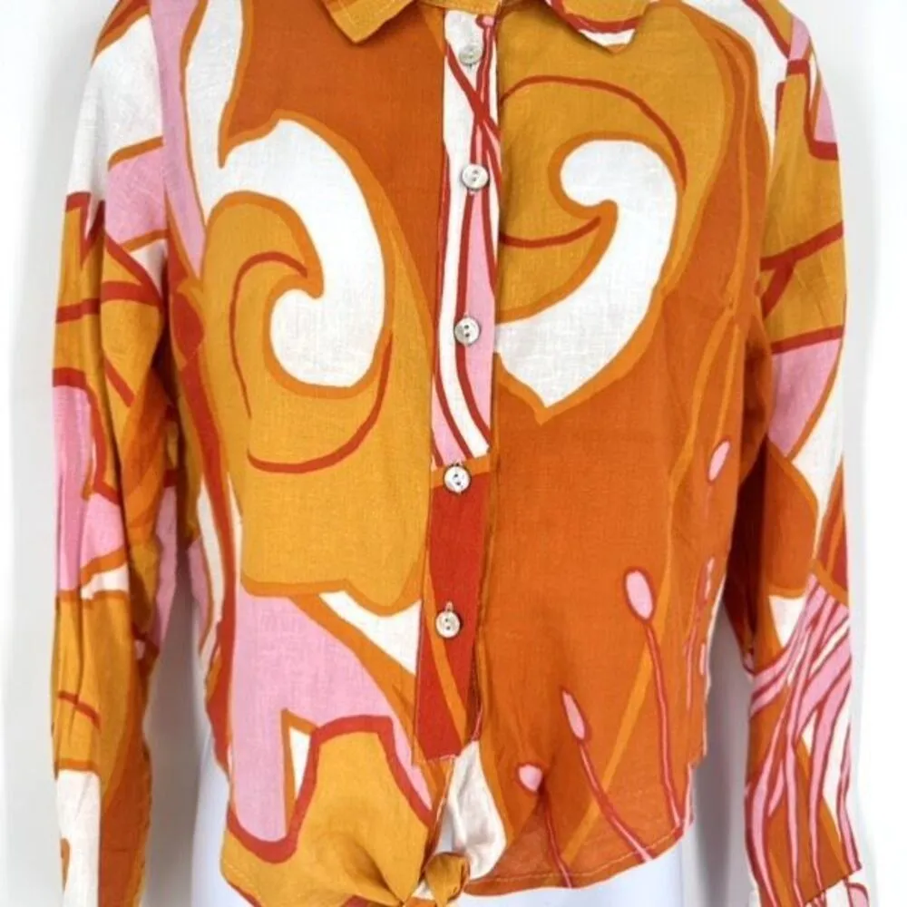 NWT Rachel‎ Zoe Floral Linen Cropped Button Down Shirt Orange Small Tie Front - Image 3