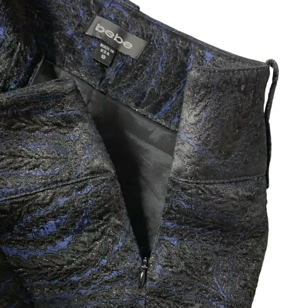 Bebe Blue and Black Brocade Lined Dressy Mini Skirt w/ Belt Loops Womens Size 10 - Image 2