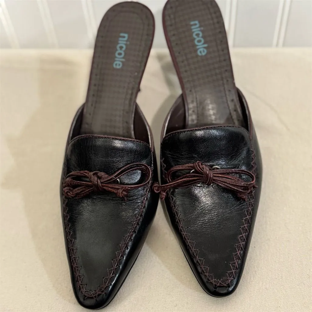 Nicole VTG 90s Brown Leather Mules 6.5 M Kitten Heel Pointed Toe Office Siren - Image 4