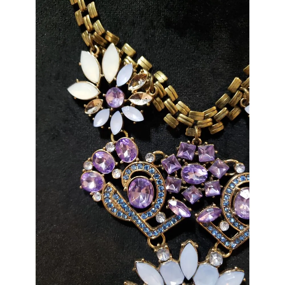 Women Multi Rhinestone Resin Carving Prong Set Flower Statement Necklace Jewelry Purple - Image 4