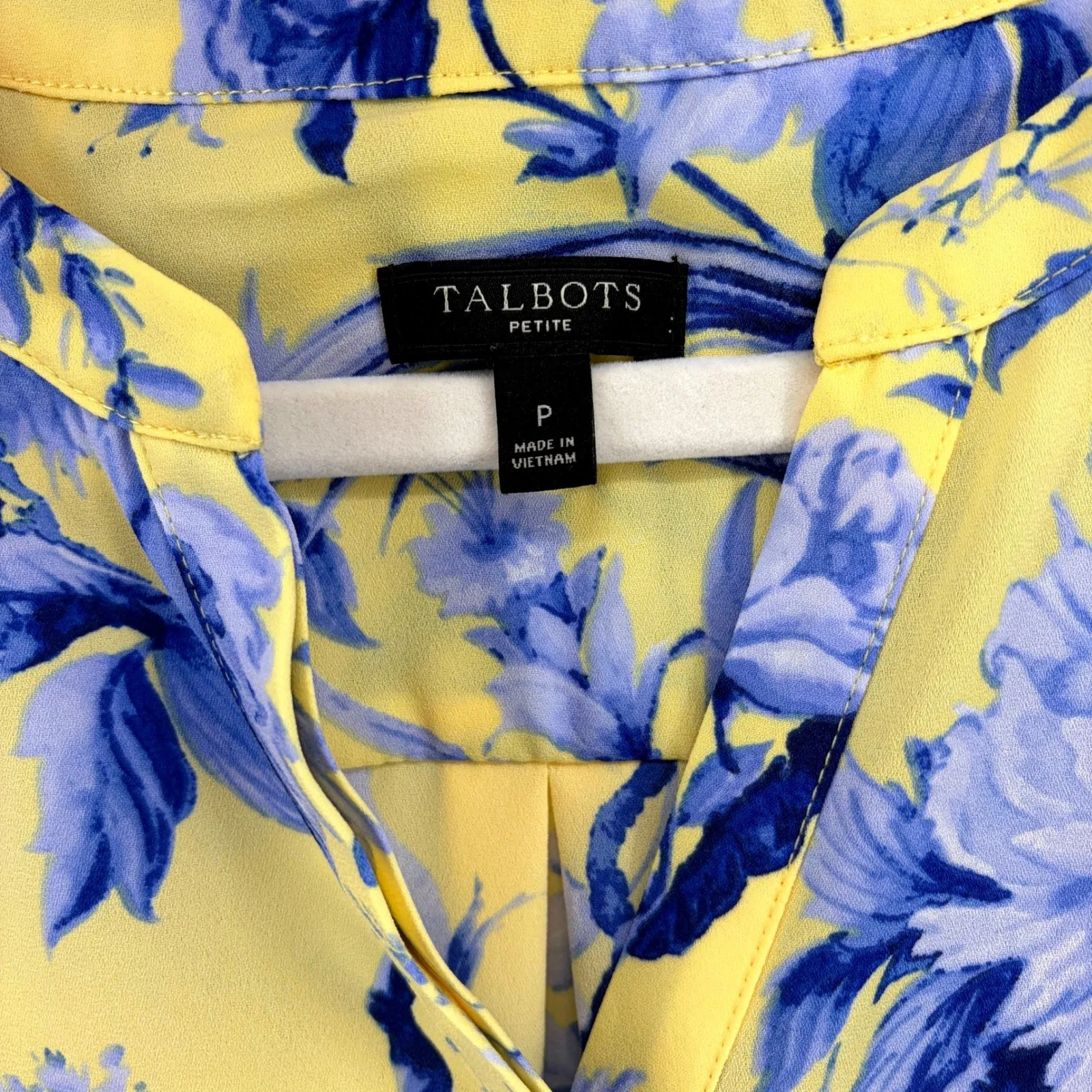 Talbots Petite Yellow Blue Floral Bird Print Button Up Popover Blouse Top Small - Image 2