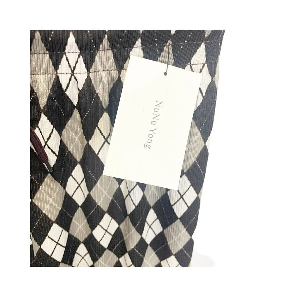 Nunu Yong Brown Argyle Plaid Lounge Pants S Wide Leg Drawstring Casual Stretch - Image 3