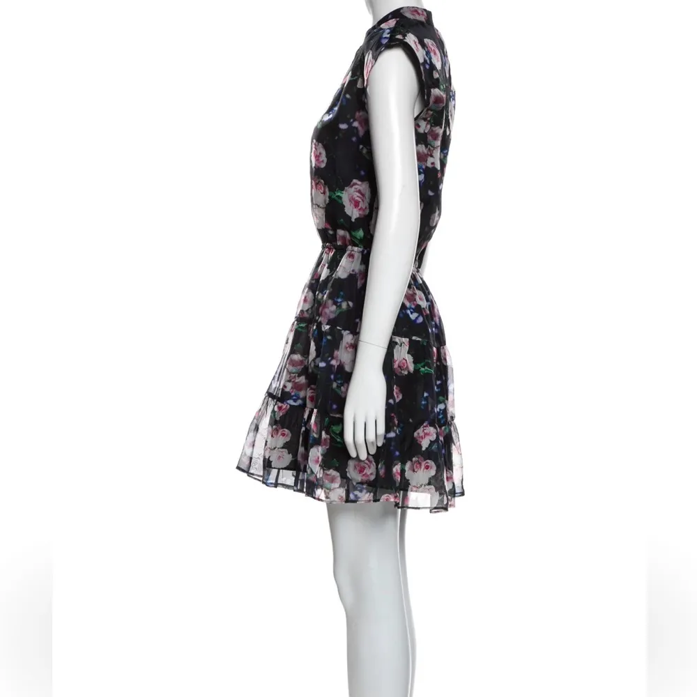 REBECCA MINKOFF Floral Print Short Sleeve Mini A-Line Dress Black/Pink XS NEW - Image 3
