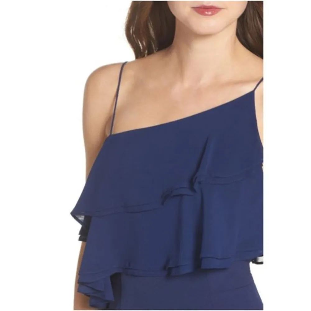 Aidan Mattox Dress 0 NWT Flounce Chiffon Crepe Maxi Slit Navy Blue Wedding Party - Image 5