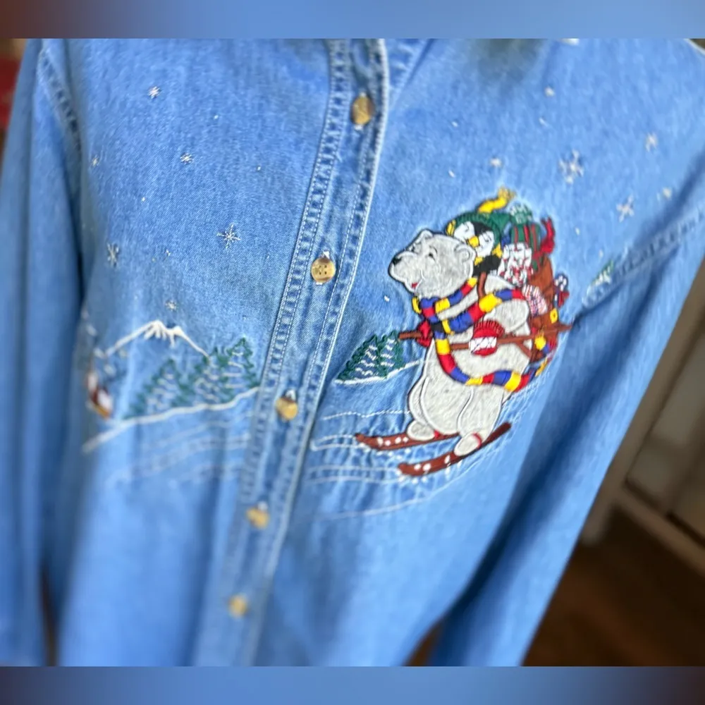 Bobby Brooks Denim Shirt Holiday Bear Penguin Long Sleeve Cotton Size 12 Blue - Image 6