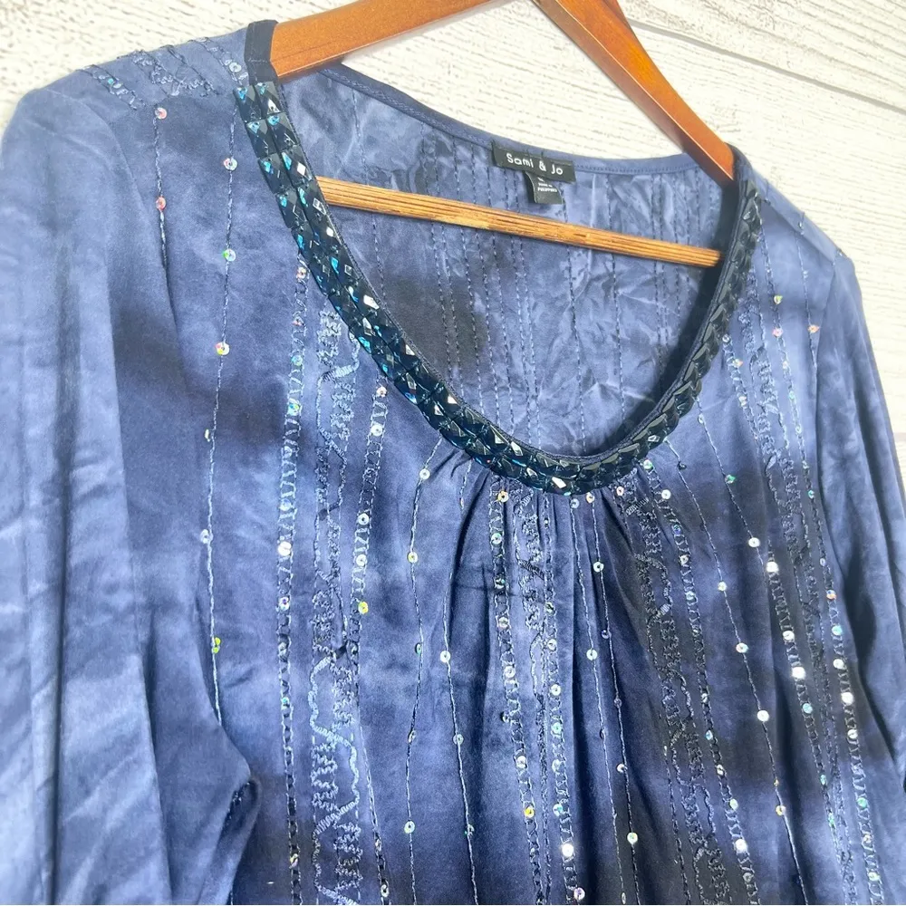Sam & Jo Blue Tie Dye Sequin Embellished 3/4 Sleeve Blouse Top Size Medium - Image 4