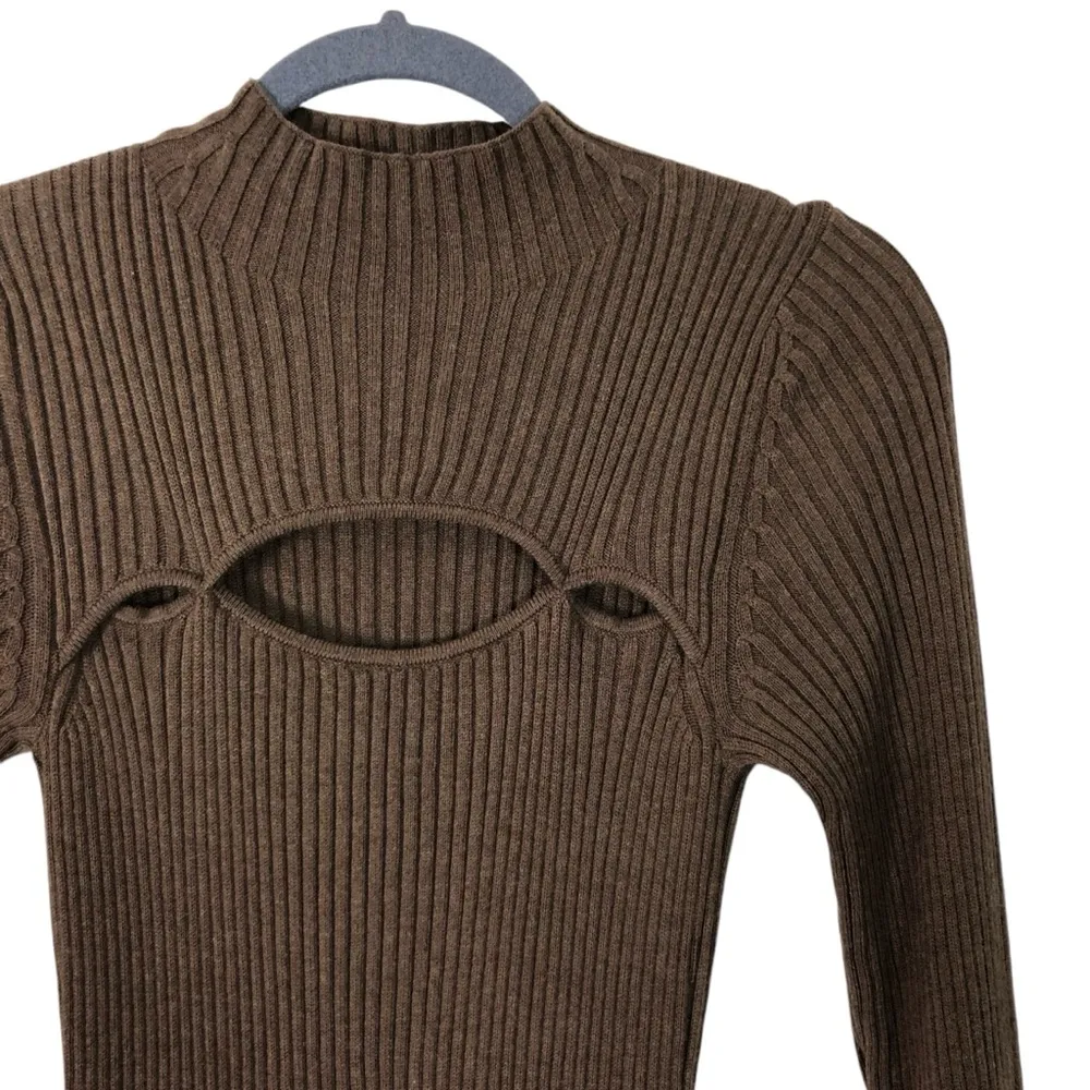 New Gap Mockneck Cutout Ribbed Midi Sweater Fall Dress Cozy Brown Long Sleeve - Image 2