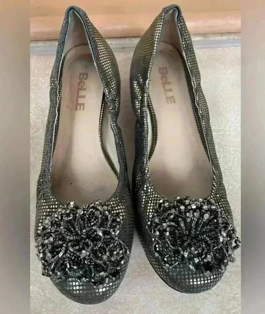 Belle Classical Series gray sequined flats with large ball adorned toe; size 6 - Image 2
