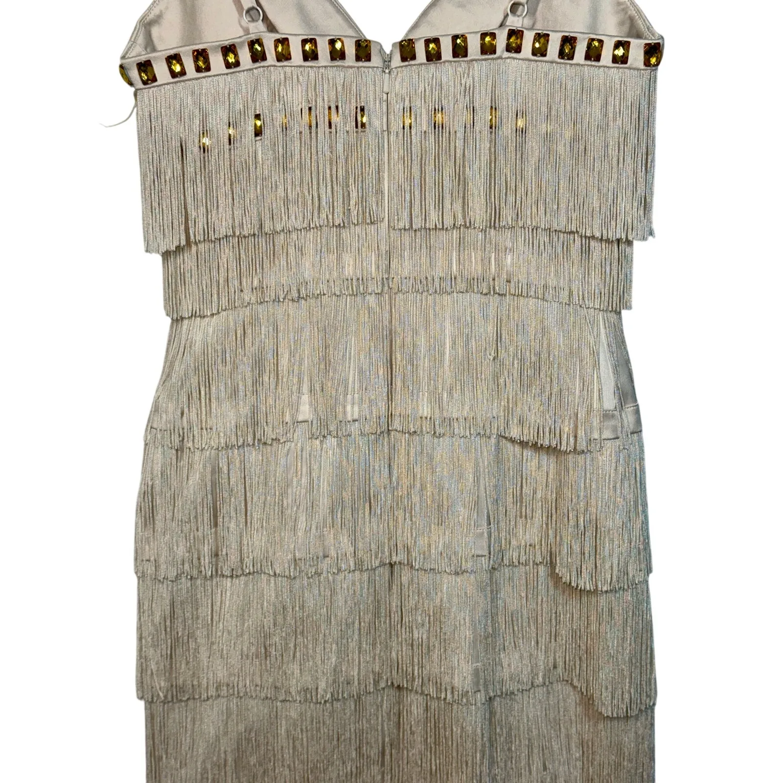 NWT Mandalay Cream Ivory Gold Beaded Fringe Midi Evening Cocktail Dress Womens 2 - Image 8
