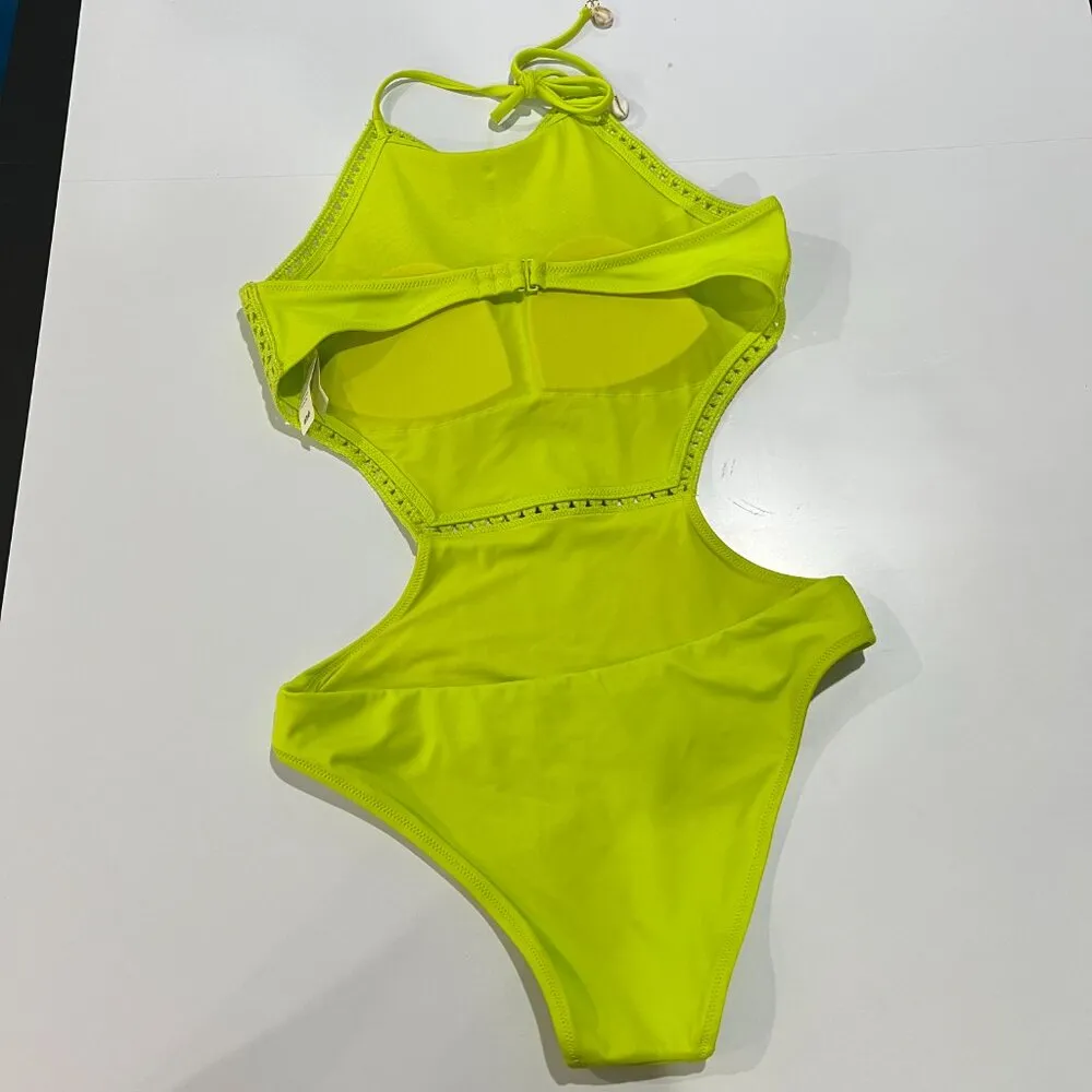 Aerie NWT Neon Green Jacquard Cut Out String One Piece Swimsuit Size Med - Image 10