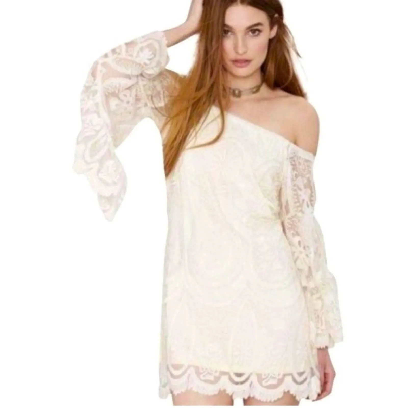 Jen’s pirate booty Free people Bardot lace bell sleeve mini dress sz M cream - Image 3