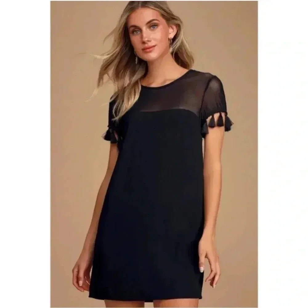Lulus Small Black Short Sleeve Tassel Net Neckline Formal Party Dress Small - Image 2