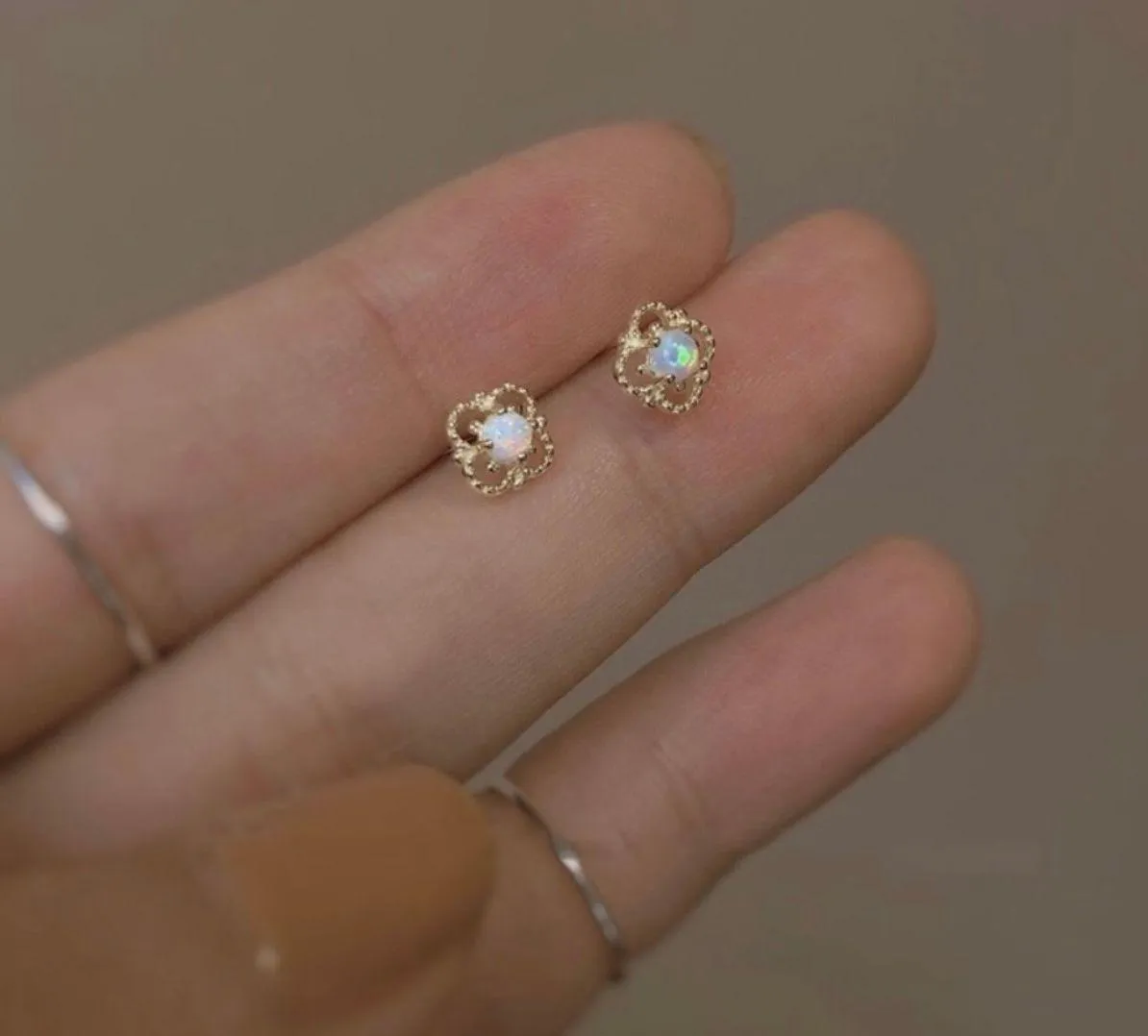 18K Gold Plated Hollow Mini Small Opal Stud Earrings for Women - Image 2