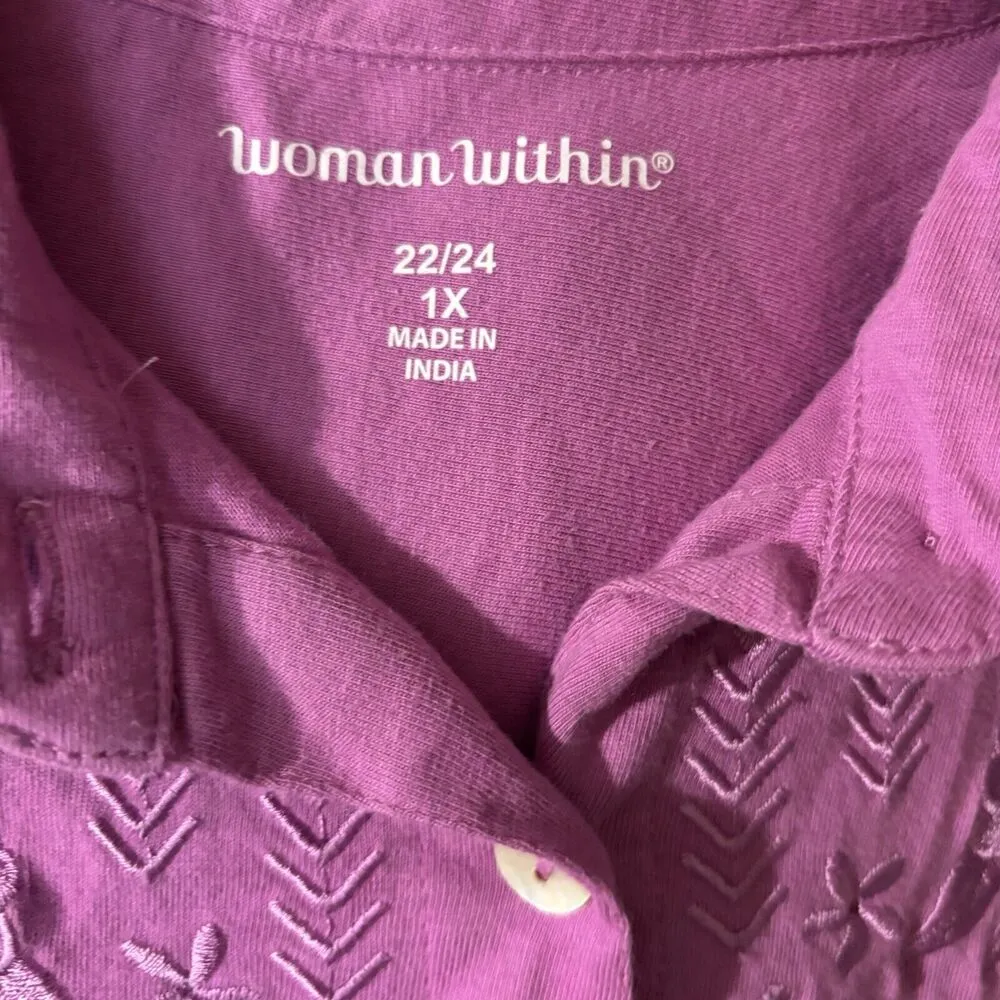 Woman Within Top Womens 22 24 1X Pink Floral Embroidered Stretch Button Blouse - Image 6