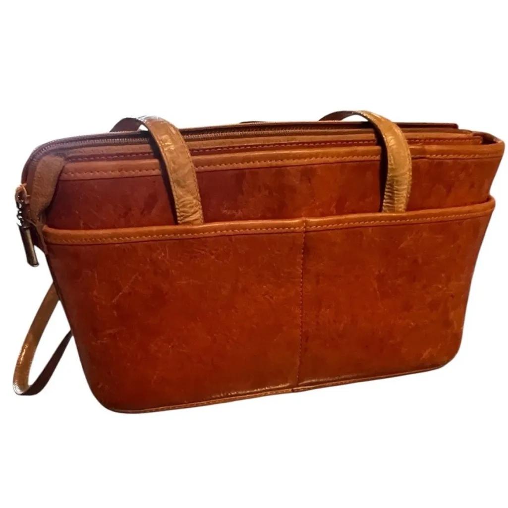 Brighton Shoulder Handbag Vintage Russet Brown Leather Croc Trim Purse Old Money - Image 4