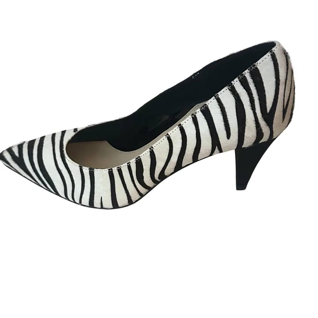 NWOB Issac Mizrahi "Trudy" Black & White Zebra Print Calf Fur Pointed Toe Heels - Image 2