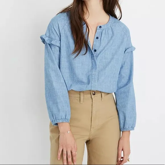 Madewell Denim Collarless Ruffle-Sleeve Shirt size XS - Image 9