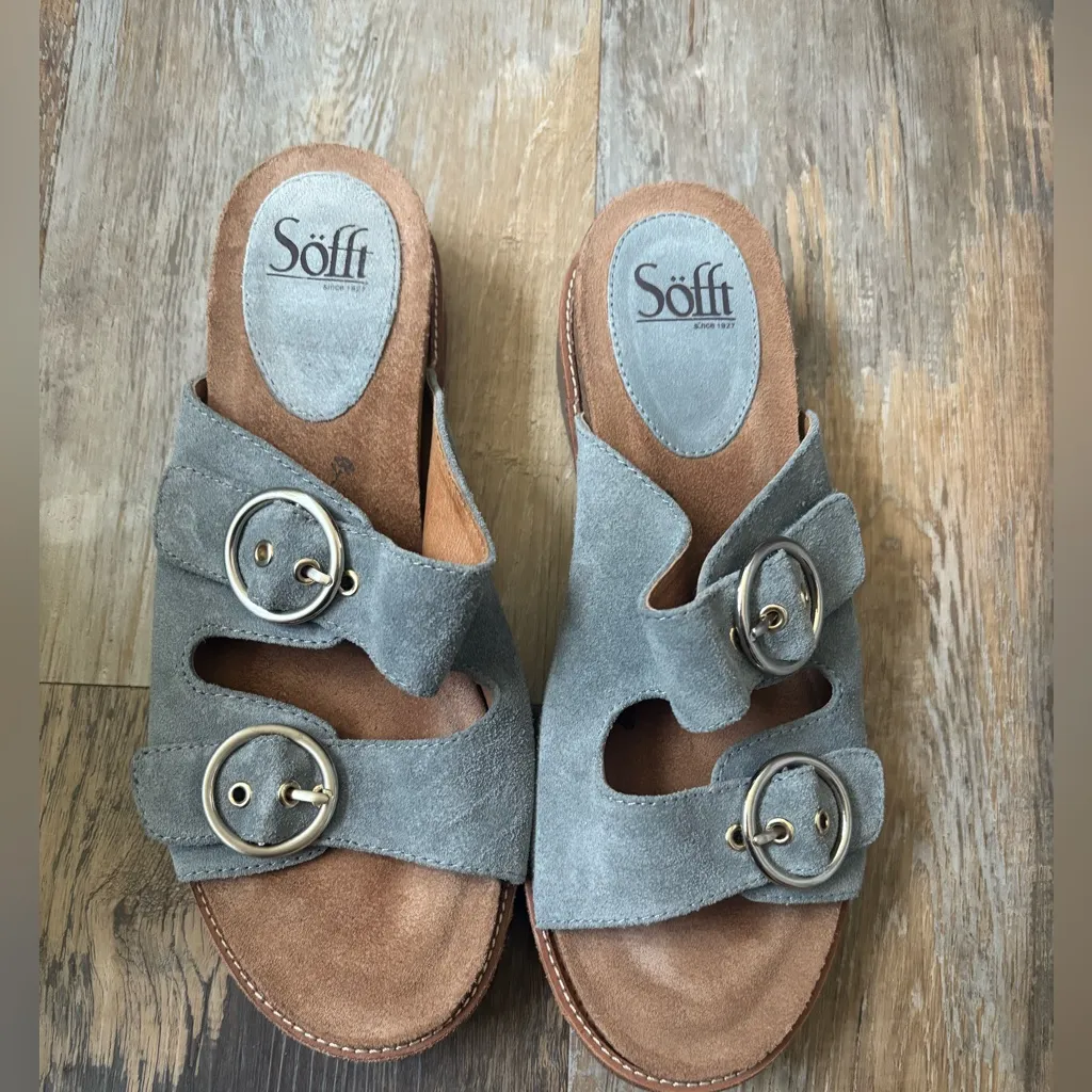 Sofft Womens Brooklyn Chambray Comfort Cork Leather Sandals Size 9 Blue Grey - Image 2