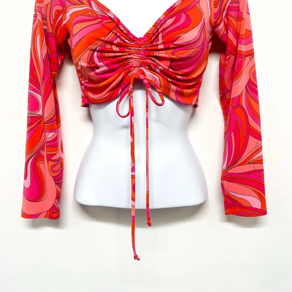 Vibrant Psychedelic Y2K 2000s Drawstring Tie Crop Top Long Sleeve Medium - Image 4