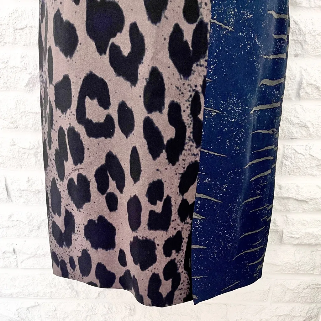 Salvatore Ferragamo Navy & Taupe Mixed Animal Print Sleeveless Dress, Size 40 - Image 3